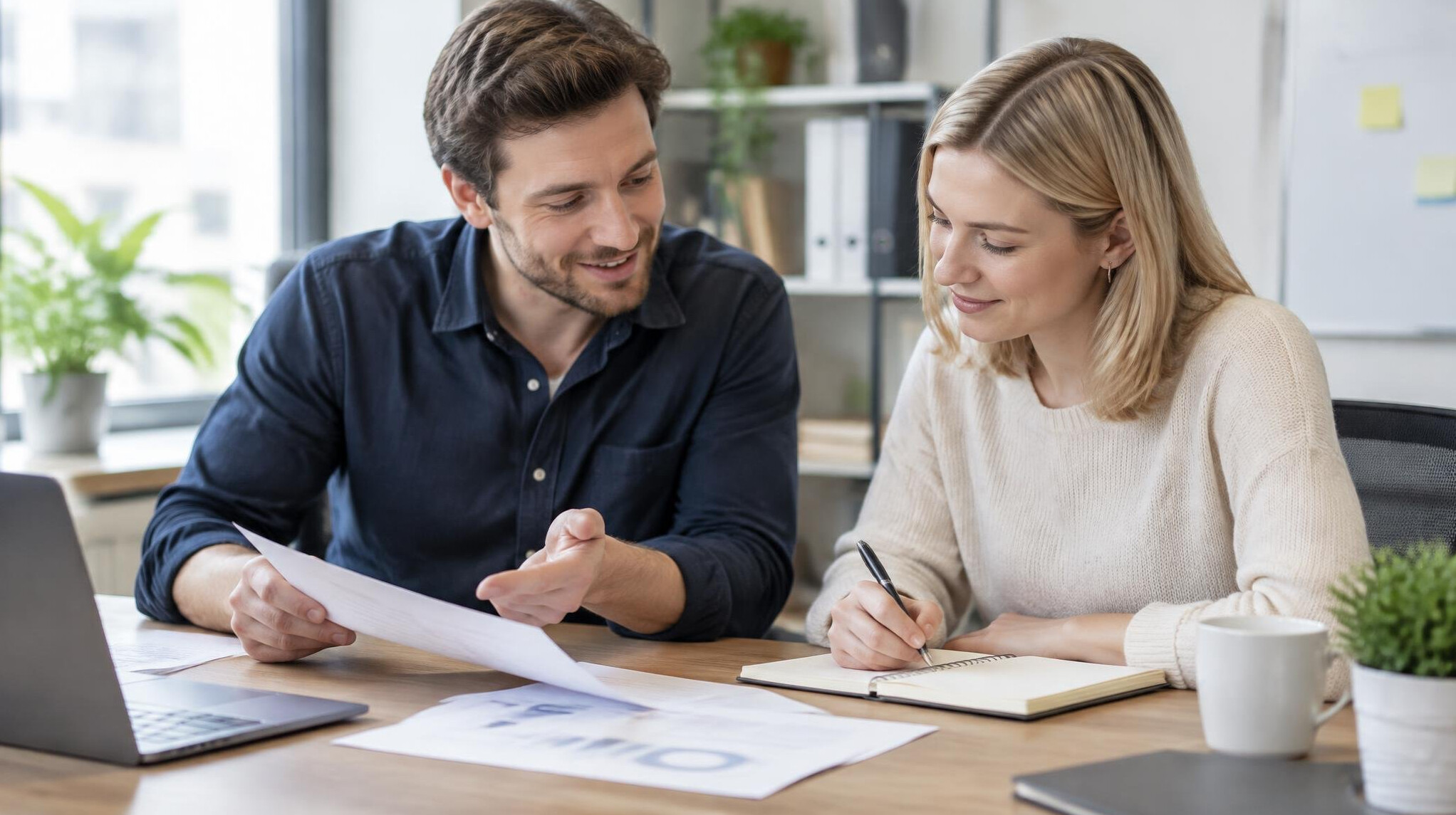 Two professionals reviewing work together
