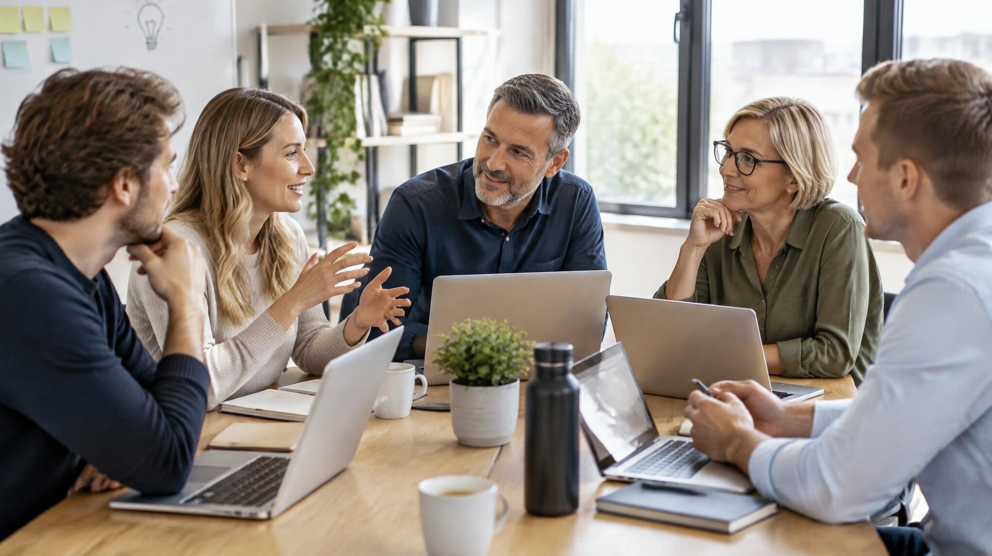 Team of colleagues collaborating around a table with laptops