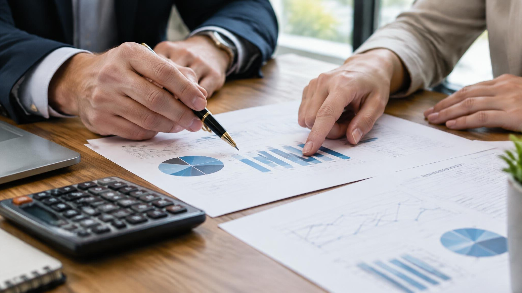 Hands analysing charts and documents on a desk