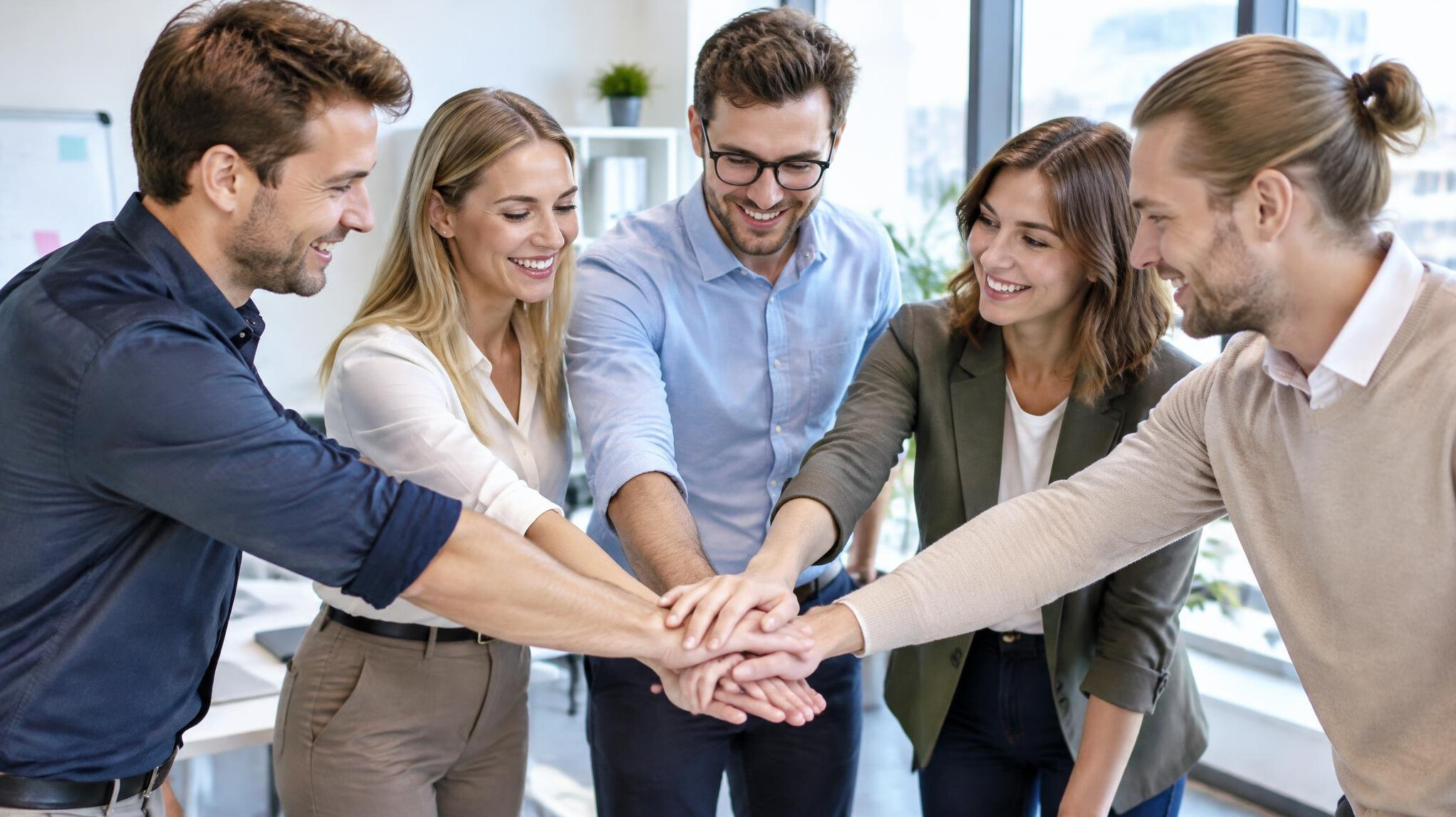 Team stacking hands together in unity