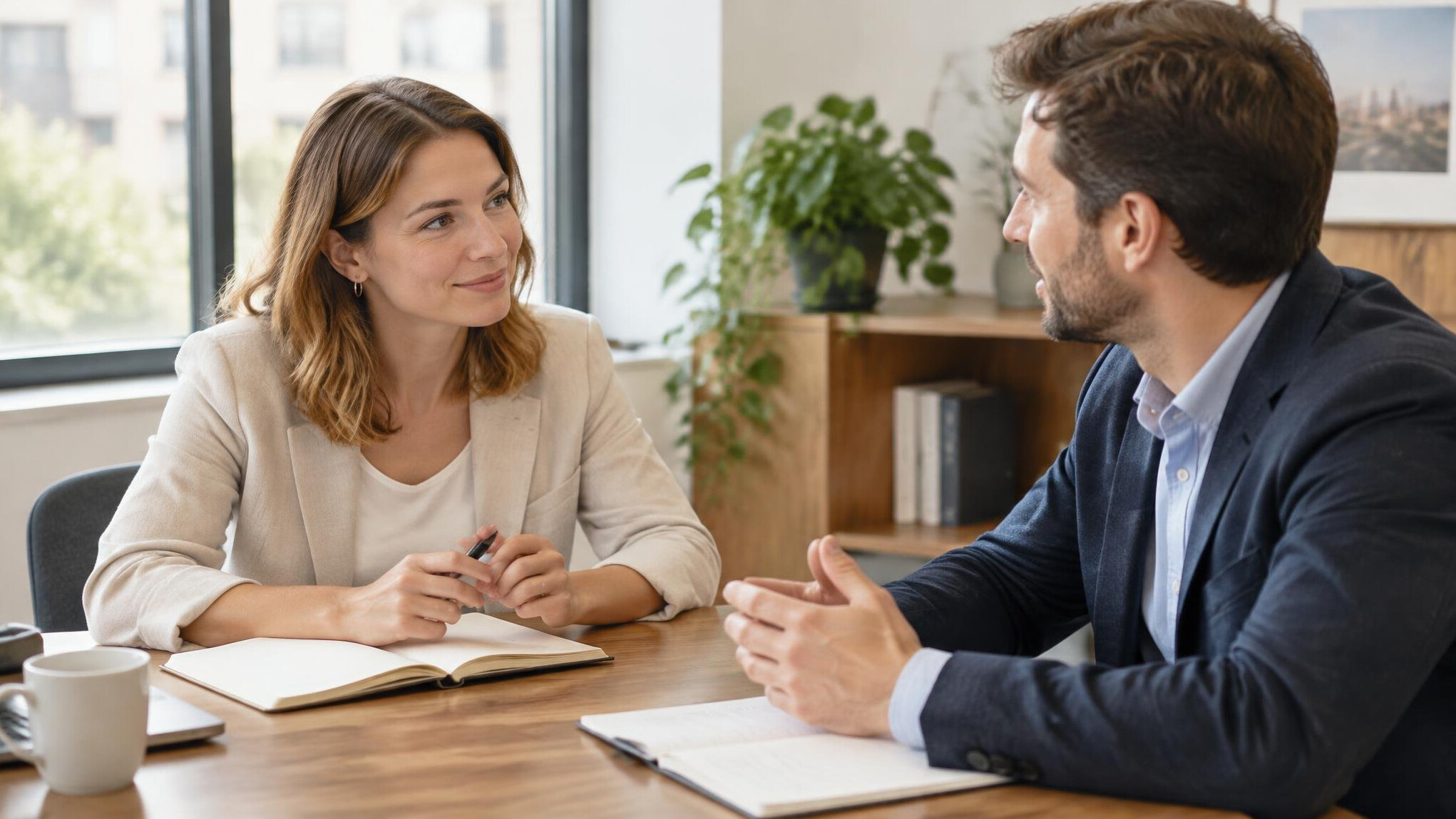 Colleagues talking at an office table