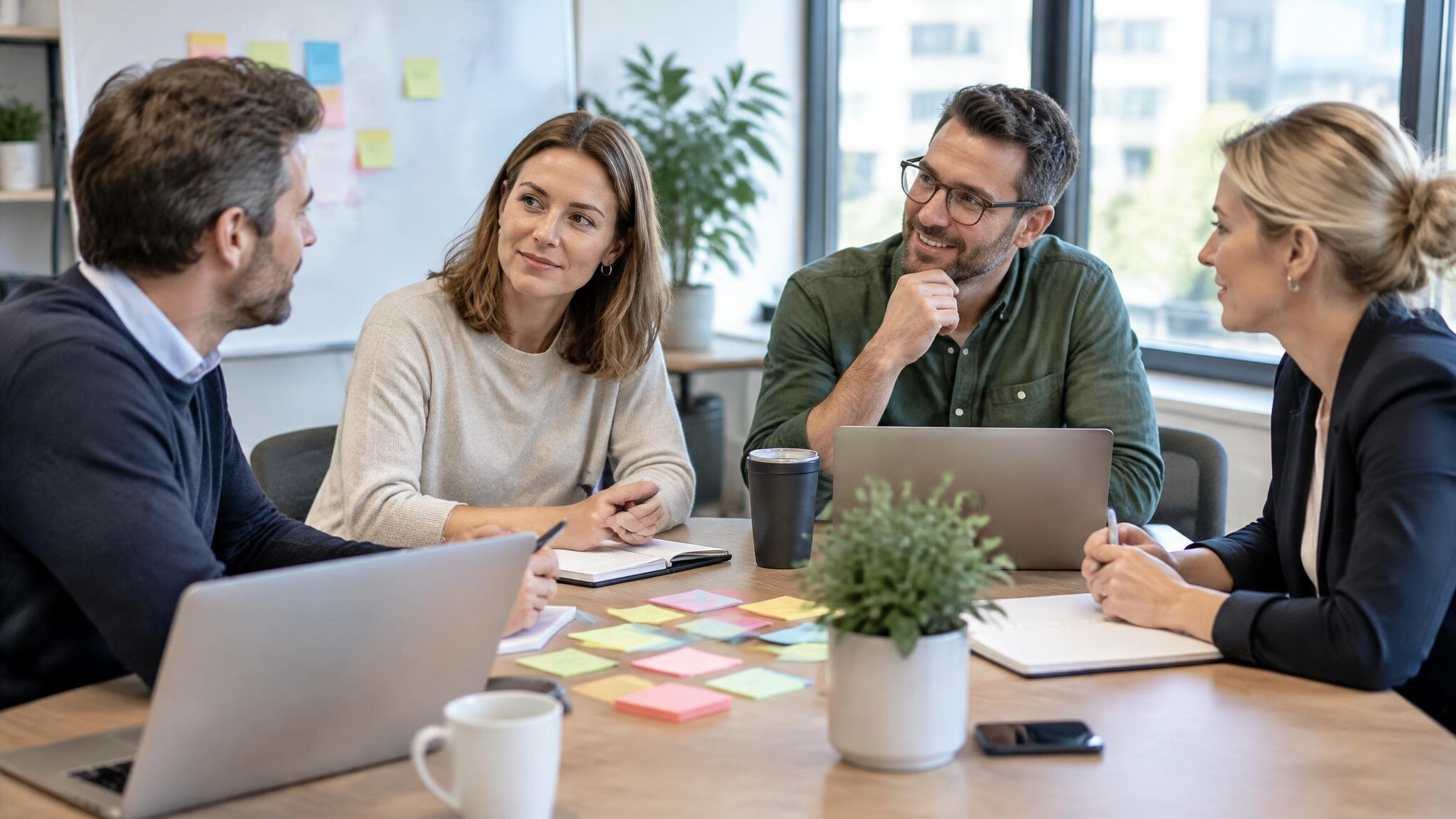 People discussing at a meeting table with notes